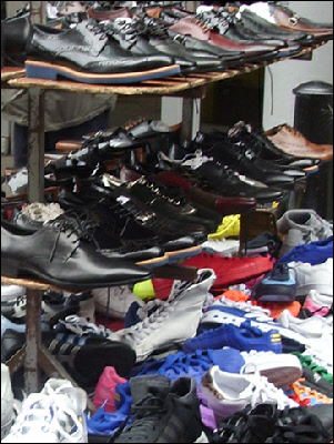 Shoes for men on a market stall in London's Petticoat Lane