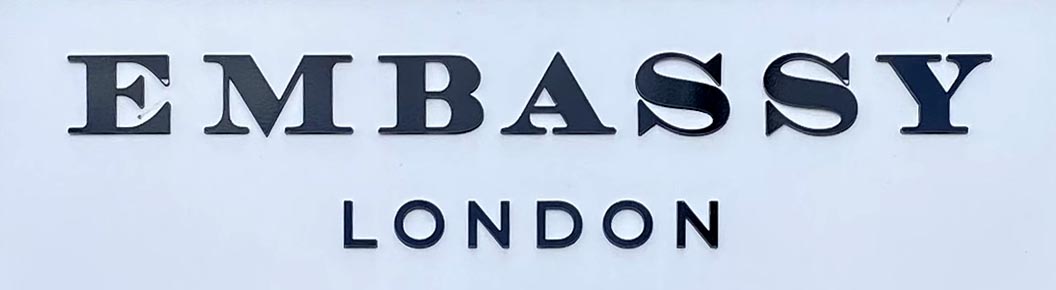 Sign at Embassy London shoe shop at Camden Market in London