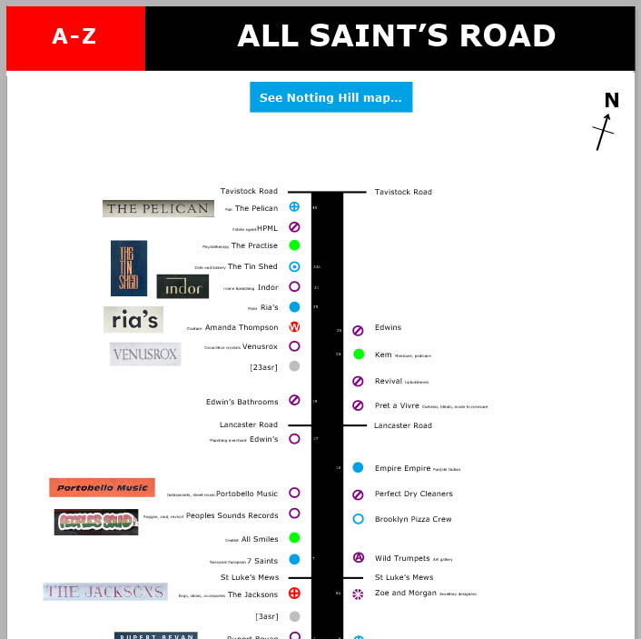 Map of shops and restaurants on All Saint's Road Notting Hill London