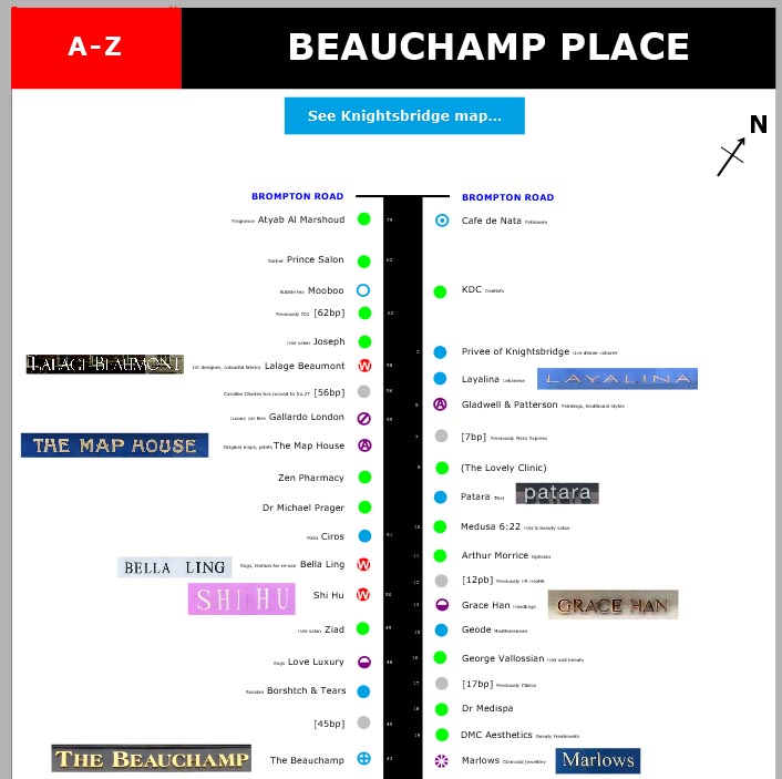 Map of shops and restaurants on Beauchamp Place London Knightsbridge