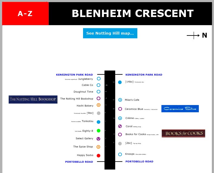 Map of shops and restaurants on Blenheim Crescent in Notting Hill