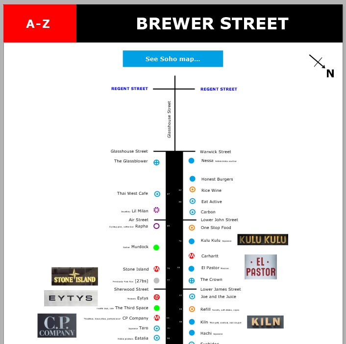 Map of shops and restaurants on London's Brewer Street