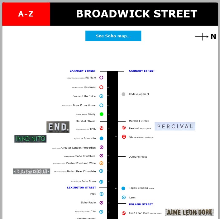 Map of shops and restaurants on Broadwick Street in London