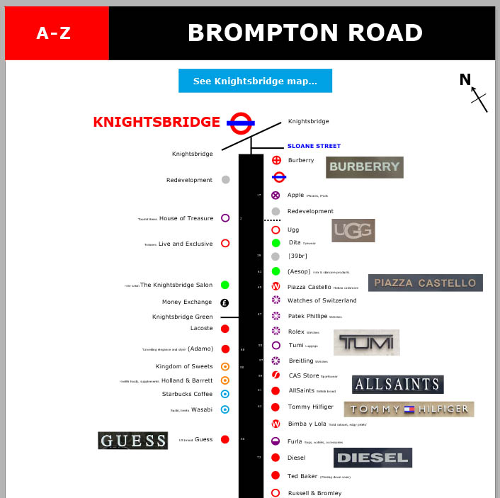 Shops cafes and restaurants on Brompton Road in London's Knightsbridge