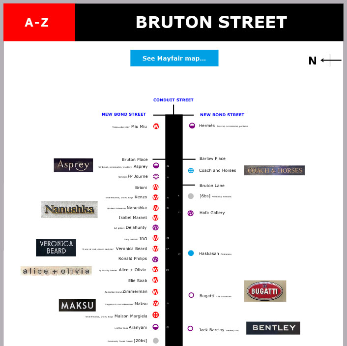 Shops and restaurants on Bruton Street in London