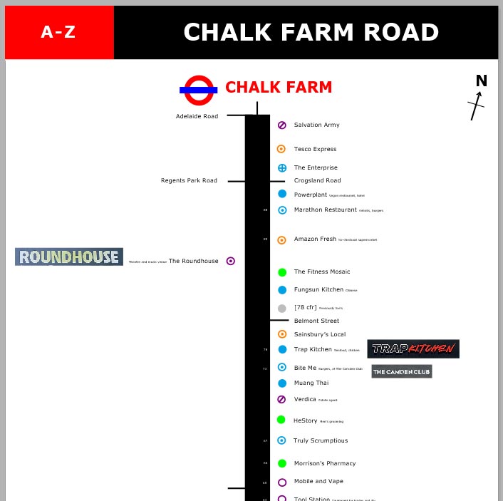 Map of shops and restaurants on London's Chalk Farm Road