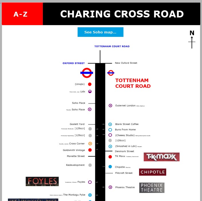 Map of shops and restaurants on Charing Cross Road