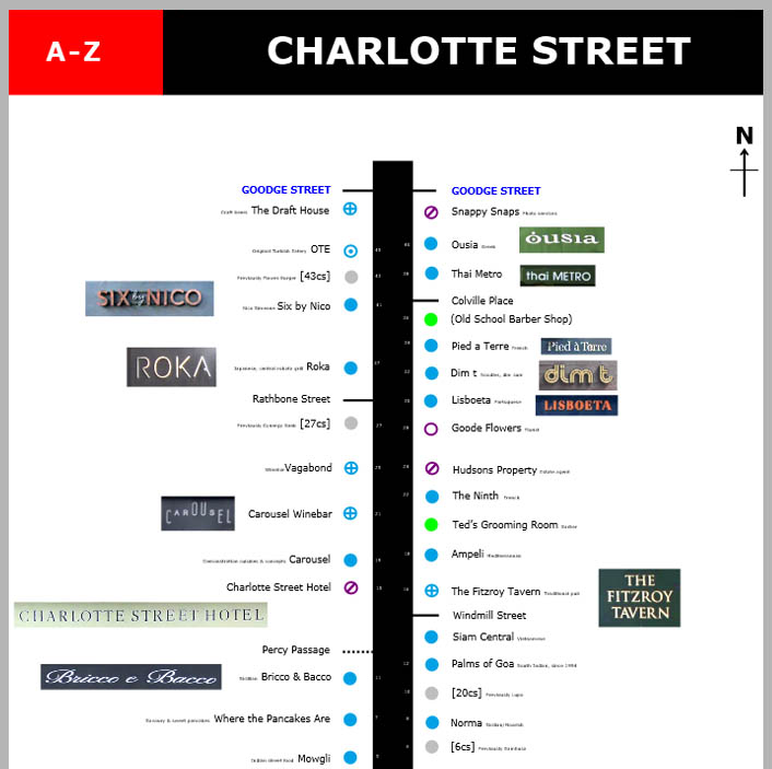 Map of shops and restaurants on Charlotte Street