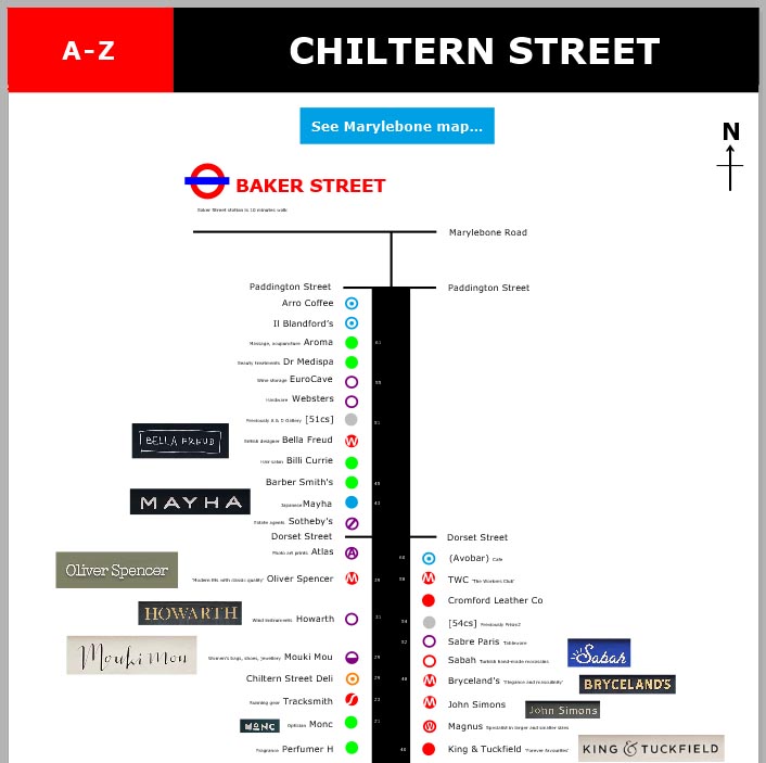 Map of shops and cafes on London's Chiltern Street