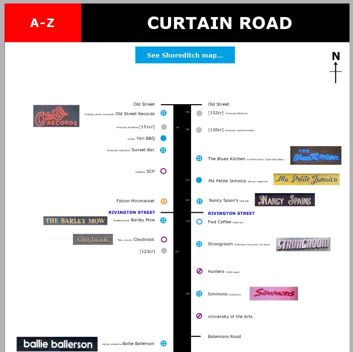 Map of shops and restaurants on Curtain Road