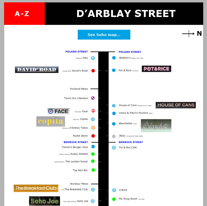 Map of shops and restaurants on D'Arblay Street