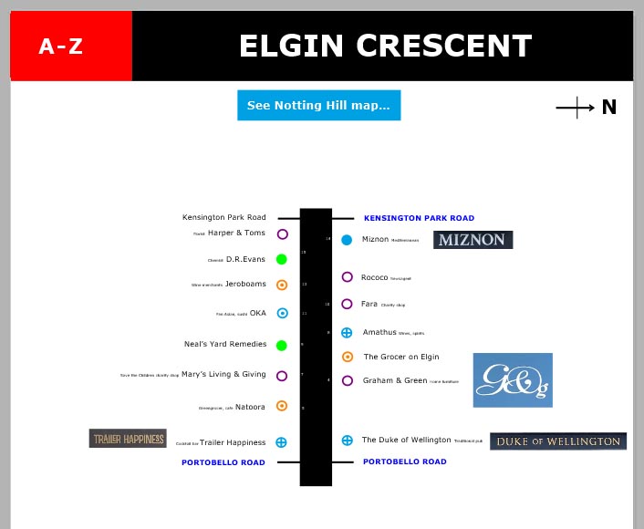 Map of shops and restaurants on Elgin Crescent in Notting Hill