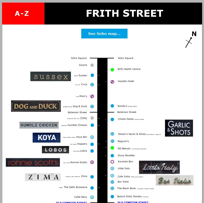 Map of shops and restaurants on Frith Street in London's Soho