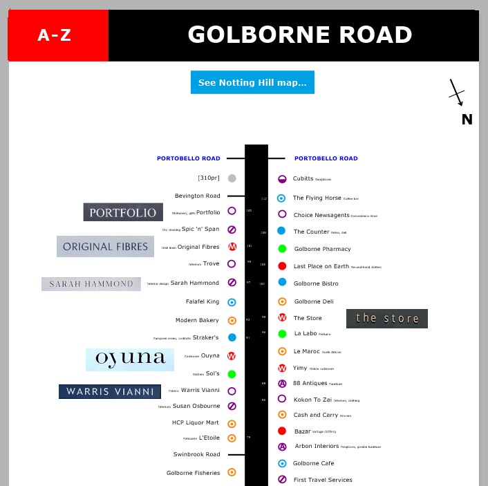 Map of shops and restaurants on Golborne Road