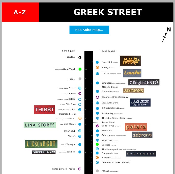 Map of shops and restaurants on London's Greek Street