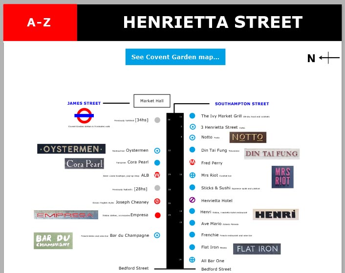 Map of shops and restaurants on London's Henrietta Street