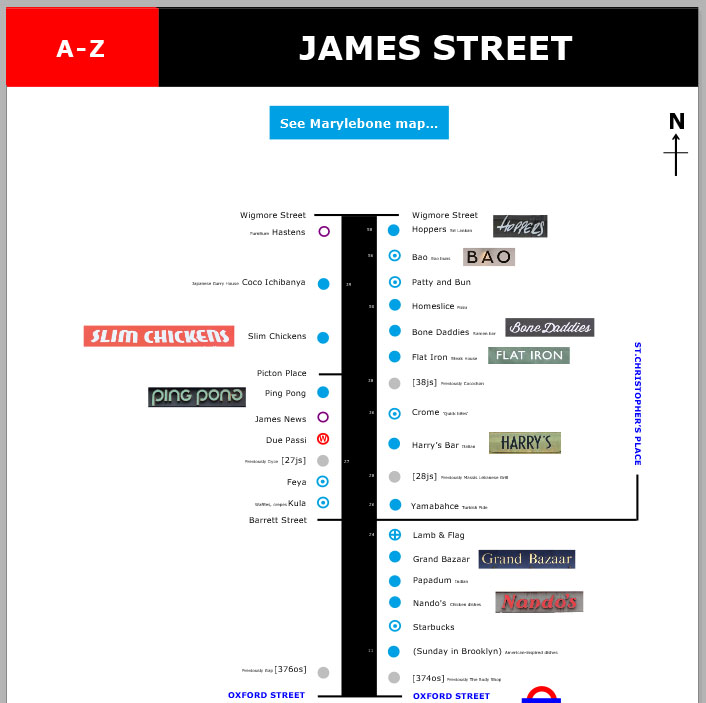 Map of cafes and restaurants on James Street in Marylebone