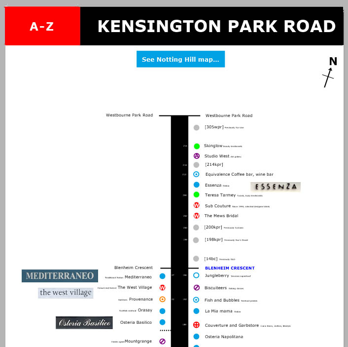 Map of shops and restaurants on Kensington Park Road