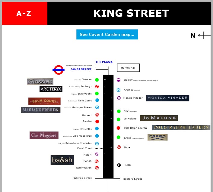 Map of shops and restaurants on King Street in Covent Garden