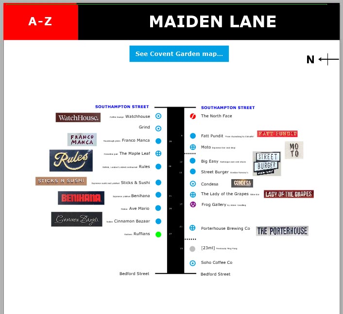 Map of  bars and restaurants on Maiden Lane in Covent Garden