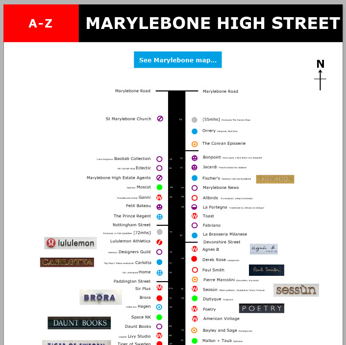Map of shops and restaurants on Marylebone High Street