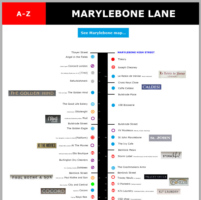 Map of shops and restaurants on Marylebone Lane