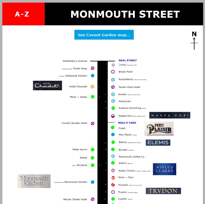 Map of shops and restaurants on Monmouth Street in London