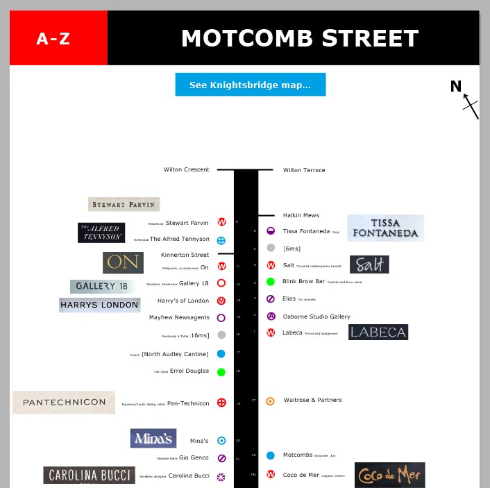 Sample map of Motcomb Street showing all shops and restaurants