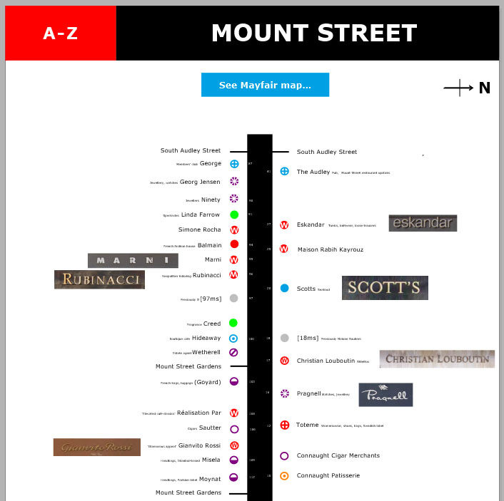 Map of shops and restaurants on Mount Street in London