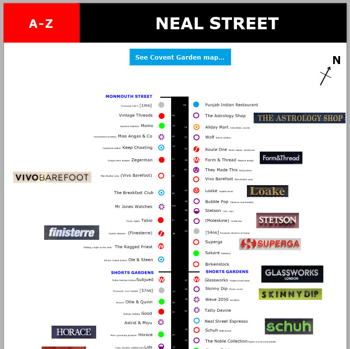 Map of shops and restaurants on Neal Street in London's Covent Garden