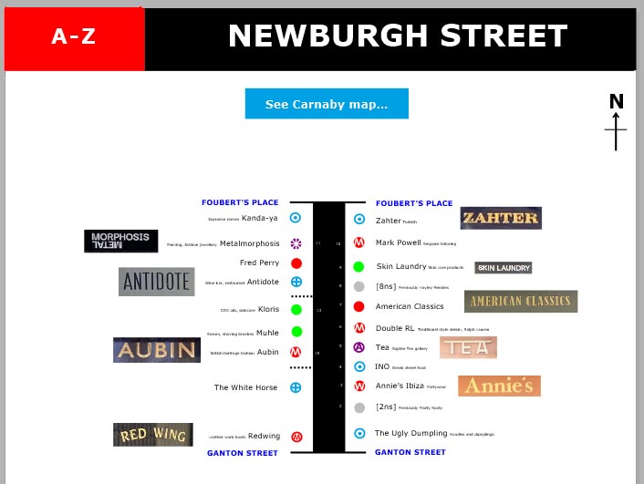 Map of shops and restaurants on Newburgh Street in London