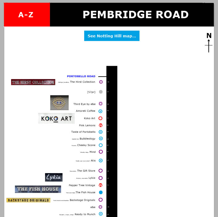 Map of shops and restaurants on Pembridge Road