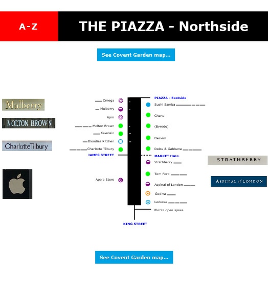 Map of shops on Covent Garden piazza