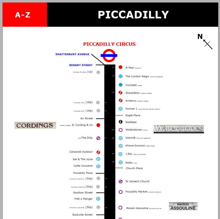 Map of shops and restaurants on London's Piccadilly