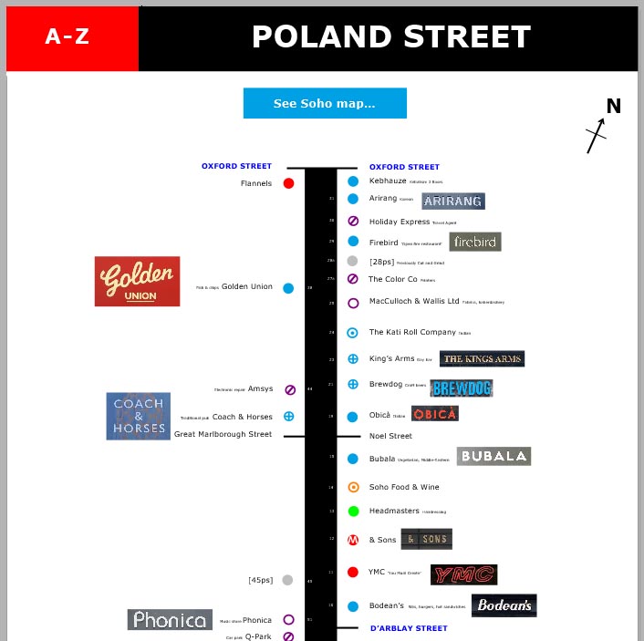 Map of shops and restaurants on Poland Street in Soho