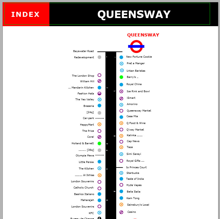 Map of shops and restaurants on London's Queensway