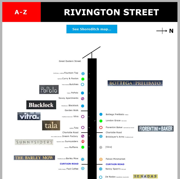 Map of shops and restaurants on Rivington Street