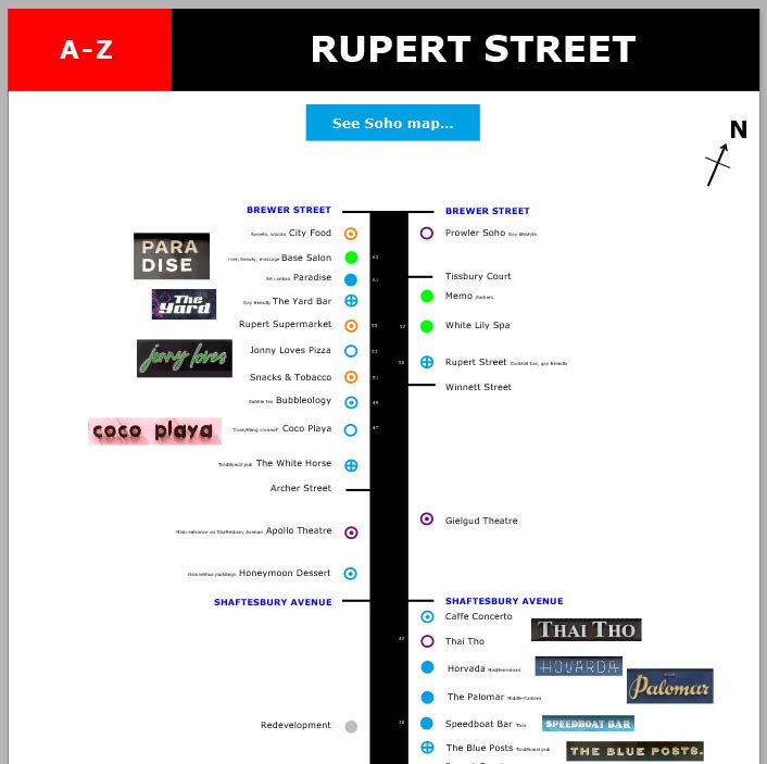 Map of shops and restaurants on Rupert Street in London's Soho