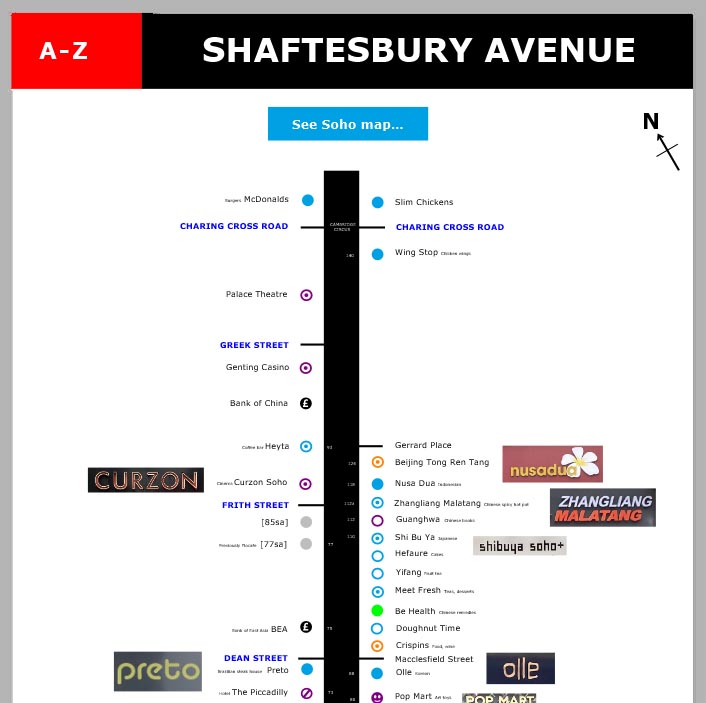 Map of shops and restaurants on Shaftesbury Avenue 