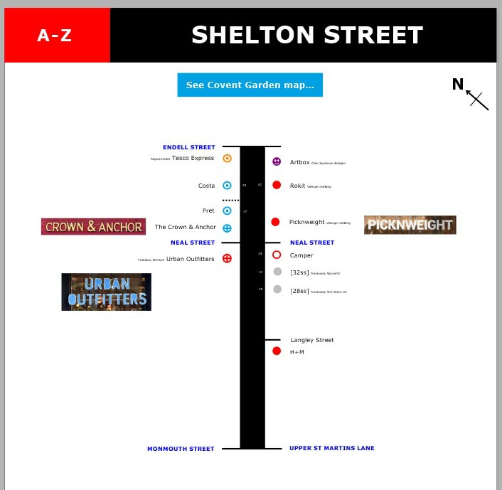 Map of shops and restaurants on Shelton Street