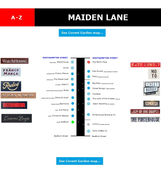 Map of  bars and restaurants on Maiden Lane in London's Covent Garden