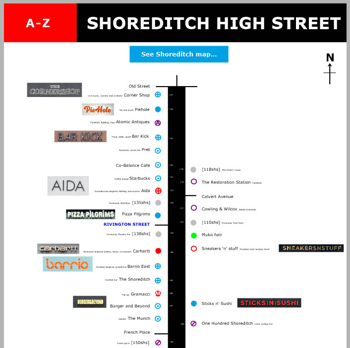 Map of shops and restaurants on Shoresitch High Street