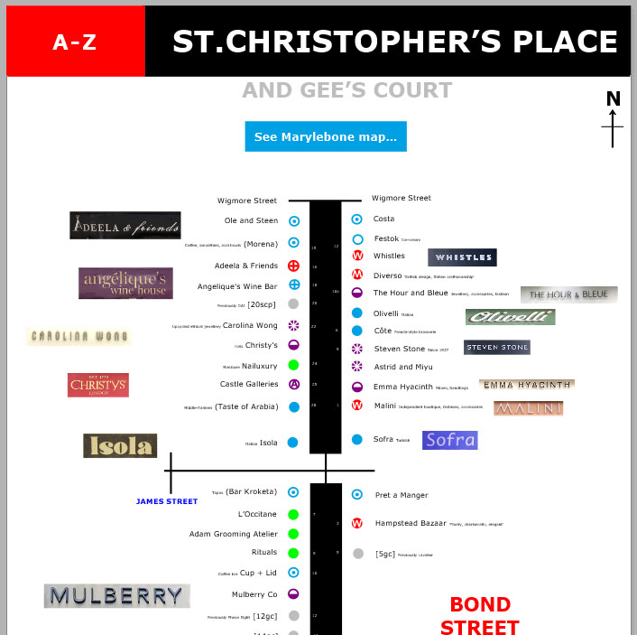 Map of shops and restaurants at Saint Christopher's Place in London