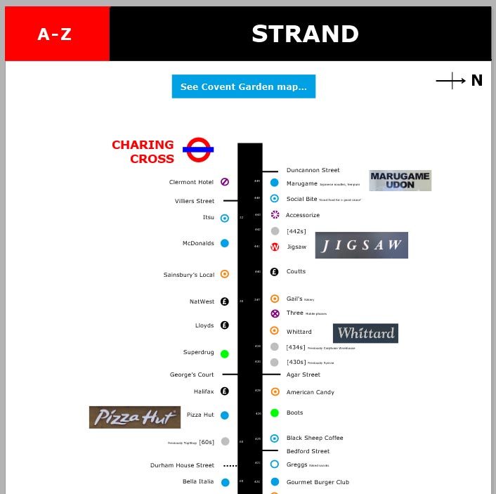 Map of shops and restaurants on the Strand in London