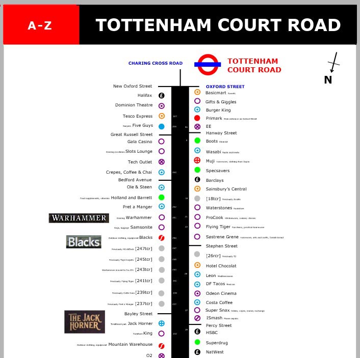 Shops and restaurants on Tottenham Court Road in London