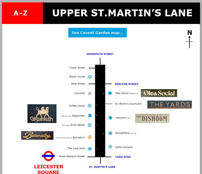 Map of shops and restaurants on Upper Saint Martin's Lane in London