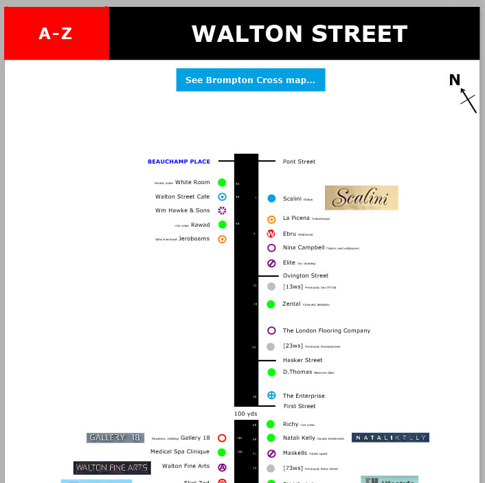 Map of shops and restaurants on Walton Street in London