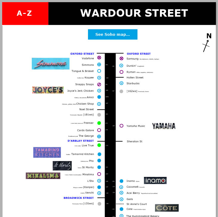 Map of shops and restaurants on Wardour Street in London