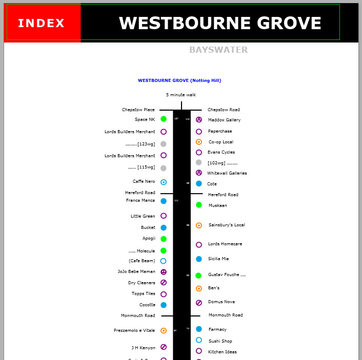 Map of shops and restaurants on Westbourne Grove in Bayswater