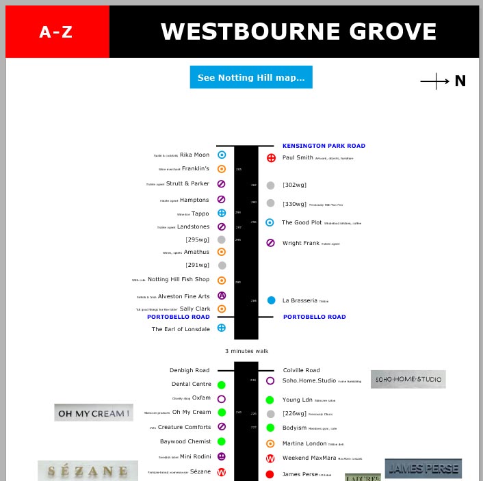 Map of shops and restaurants on Westbourne Grove in Notting Hill